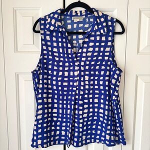 Pleione Womens Blue Cream Grid Print Sleeveless V-Neck Blouse Top Large